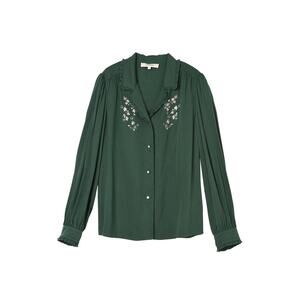 Simple retro Convallaria Floral Embroidered Shirt SZ XL Green Puff Top